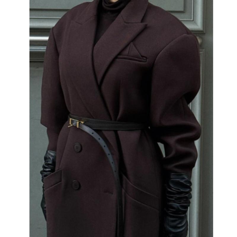 Herbst und Winter Damen Eleganter zweireihiger Kaffeefarbener Mantel Damen Revers Mode Langärmliger Freizeitmantel High Street Wear