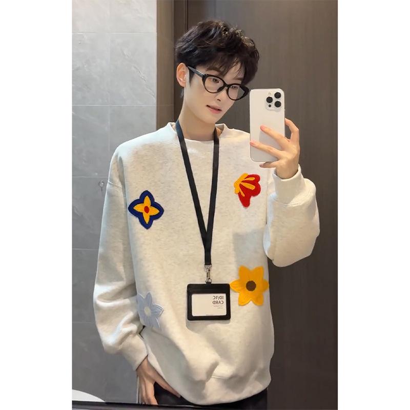 

Men s Heavyweight White & Gray Floral Embroidered Crewneck Sweatshirt - Autumn Style Long Sleeve Base Layer XXL