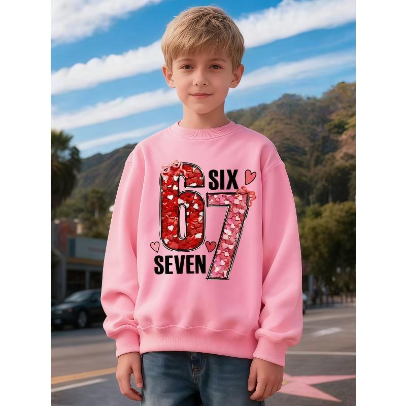 Kids Unisex Crewneck Sweatshirt, Glitter Heart Bow Number 67 Print Long Sleeve Pullover, Boys Girls Cute Birthday Sweatshirt For Kids Over 4 Years Old