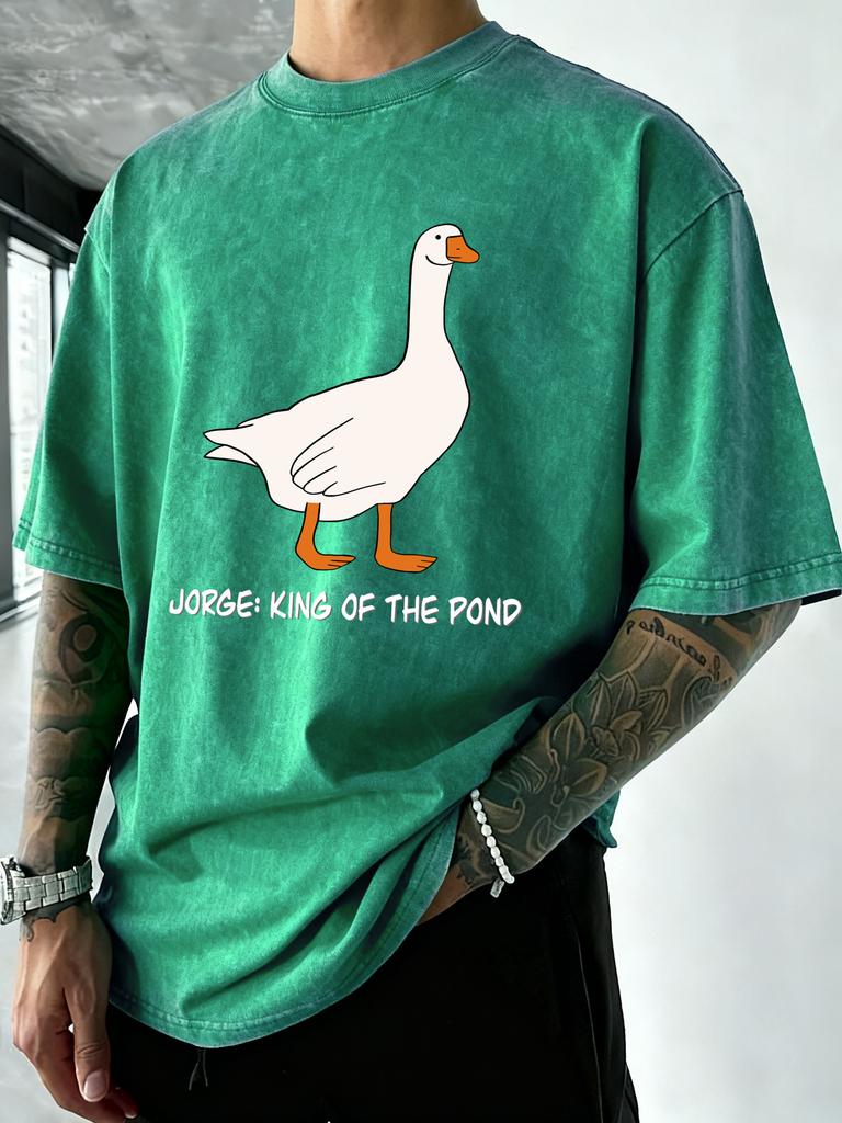 Jorge King Of The Pond Print Washed T Shirt Men Summer Breathable Tops Cotton Vacation Streetwear Hip Hop Loose Tee Shirts