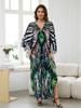 EDOLYNSA 2024 Summer Women's Green Print Loose Kaftan Dress 2024 Boho Cozy V-Neck Batwing Sleeve Beach Long Dresses Sexy Swimsuit Bikini Cover-ups
