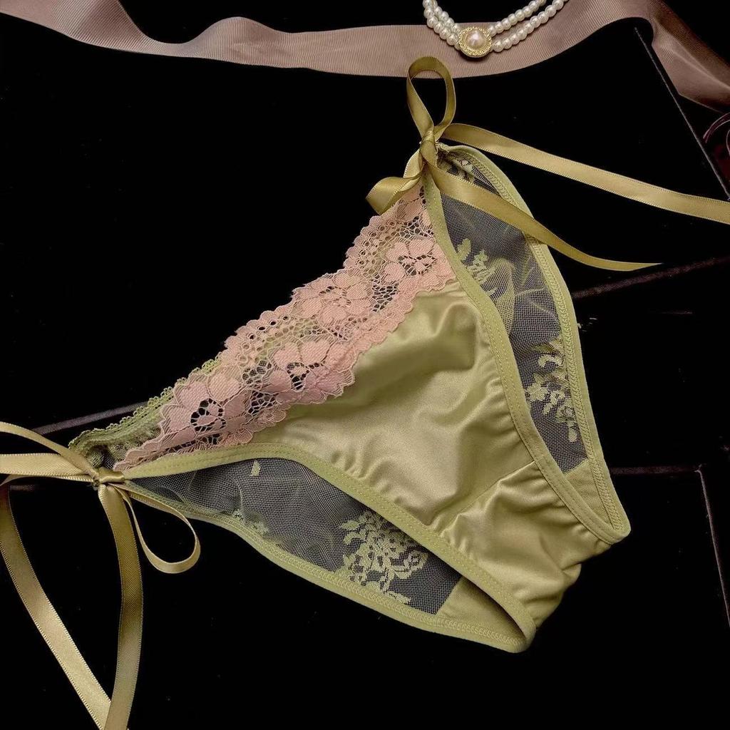 French Satin Lace Side-Tie Low-Rise Butt-Lifting Thongs for Women with Pure Cotton Crotch