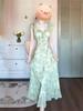 2026 French Elegant Green Floral Cap Sleeve Cinched Waist Dress