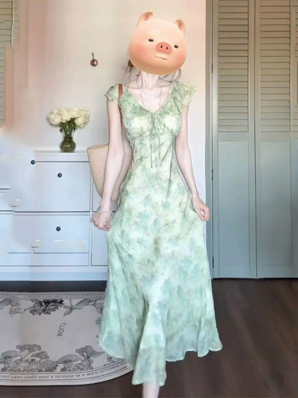 2026 French Elegant Green Floral Cap Sleeve Cinched Waist Dress