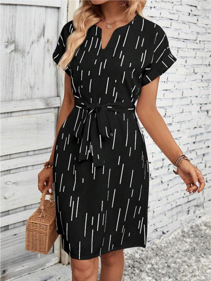 

Women s V-Neck Striped Midi Dress with Bow Belt, Casual A-Line Flowy Dress in Beige and Black XL