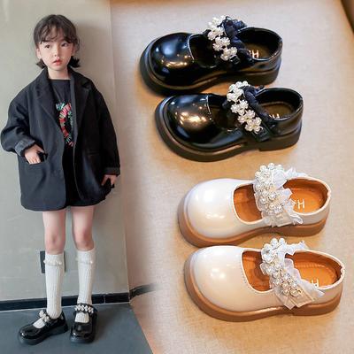 Primavera Autunno Scarpe in pelle per bambini Ragazze Scarpe da sposa compleanno perle Scarpe singole Scarpe da principessa per bambini Nero Beige