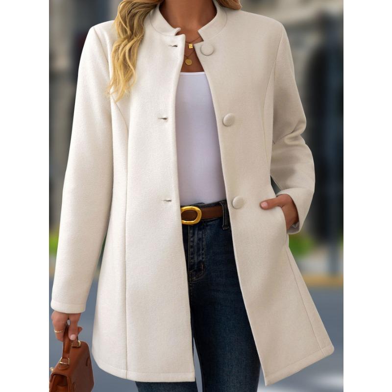 Women S Casual Stand Collar Mid Length Woolen Coat For Daily Wear