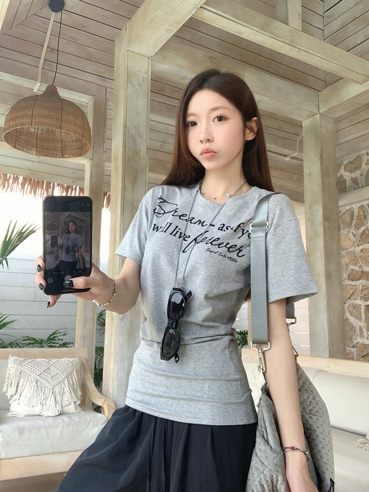 

Chic waist and thin letter print short-sleeved T-shirt women s summer new casual versatile student top tide S серый