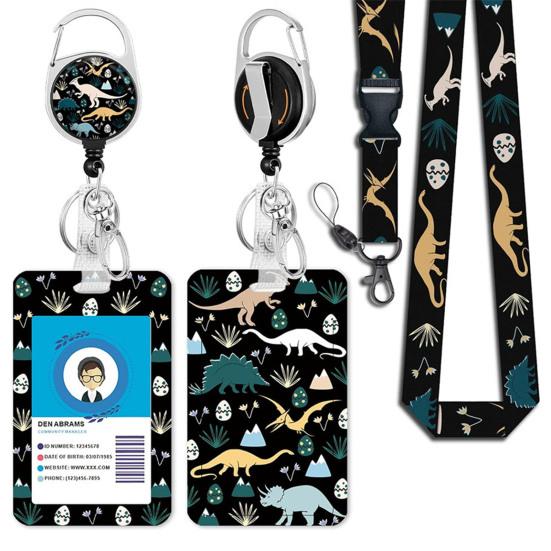 סט 1 מחזיק תג דו צדדי עם הדפס דינוזאורים עם קליפס נגלל נשלף שרוך תלייה מחזיק תעודת משרד