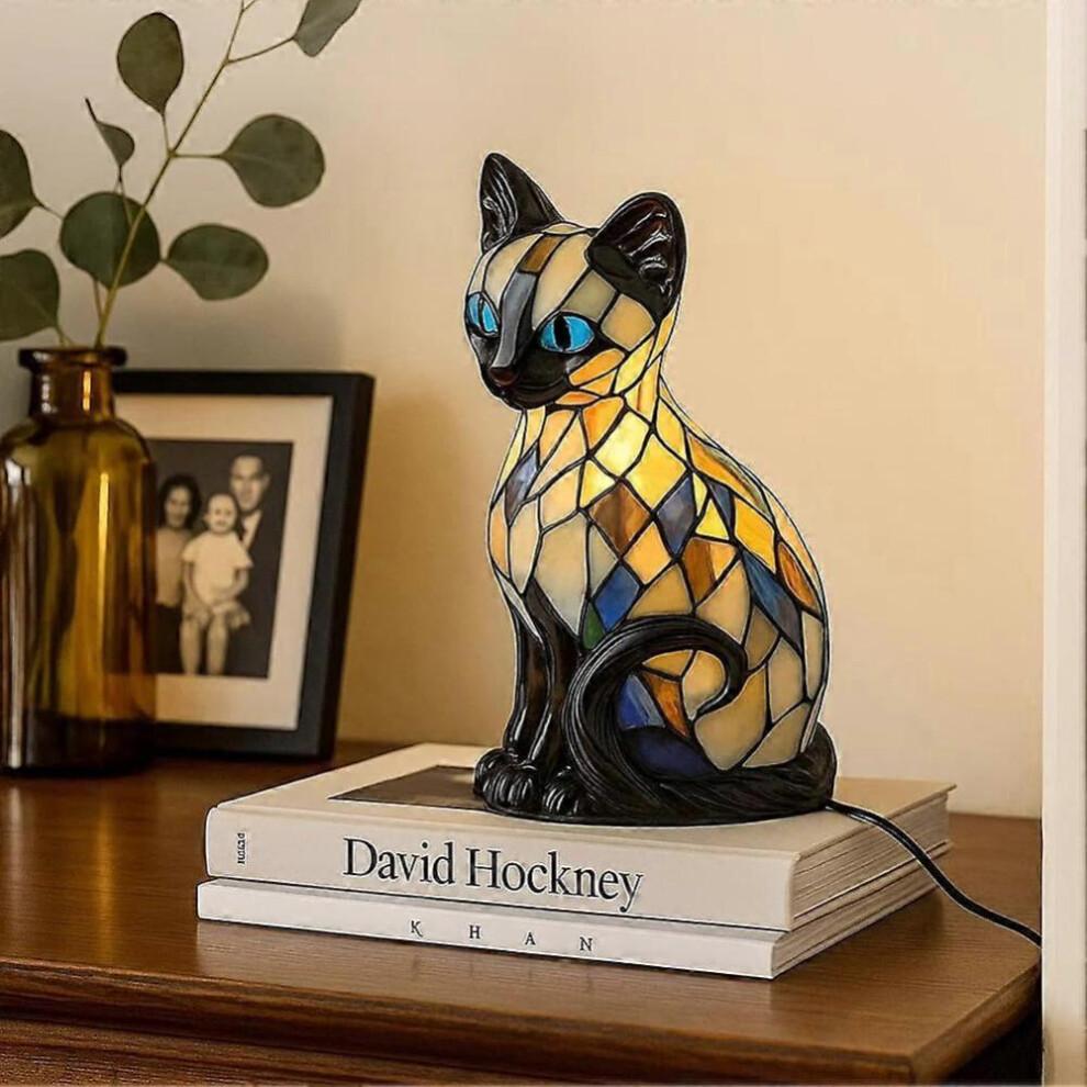 Stained Glass Cat Lamp Cute Cat Resin Night Light LED Bedside Lamp for Bedroom Living Room Decor Home Decoration Gift