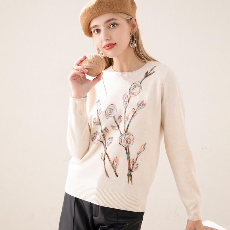 TUHUANG Women's Pure Wool Embroidered Round Neck Sweater