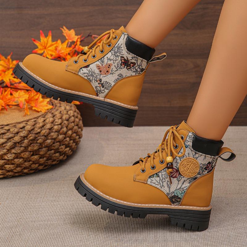 Fashion Fashion Retro Print Women Motorcycle Boots Casual Platform Work Boots Woman Outdoor Street Shoes British Leather Ankle Boots