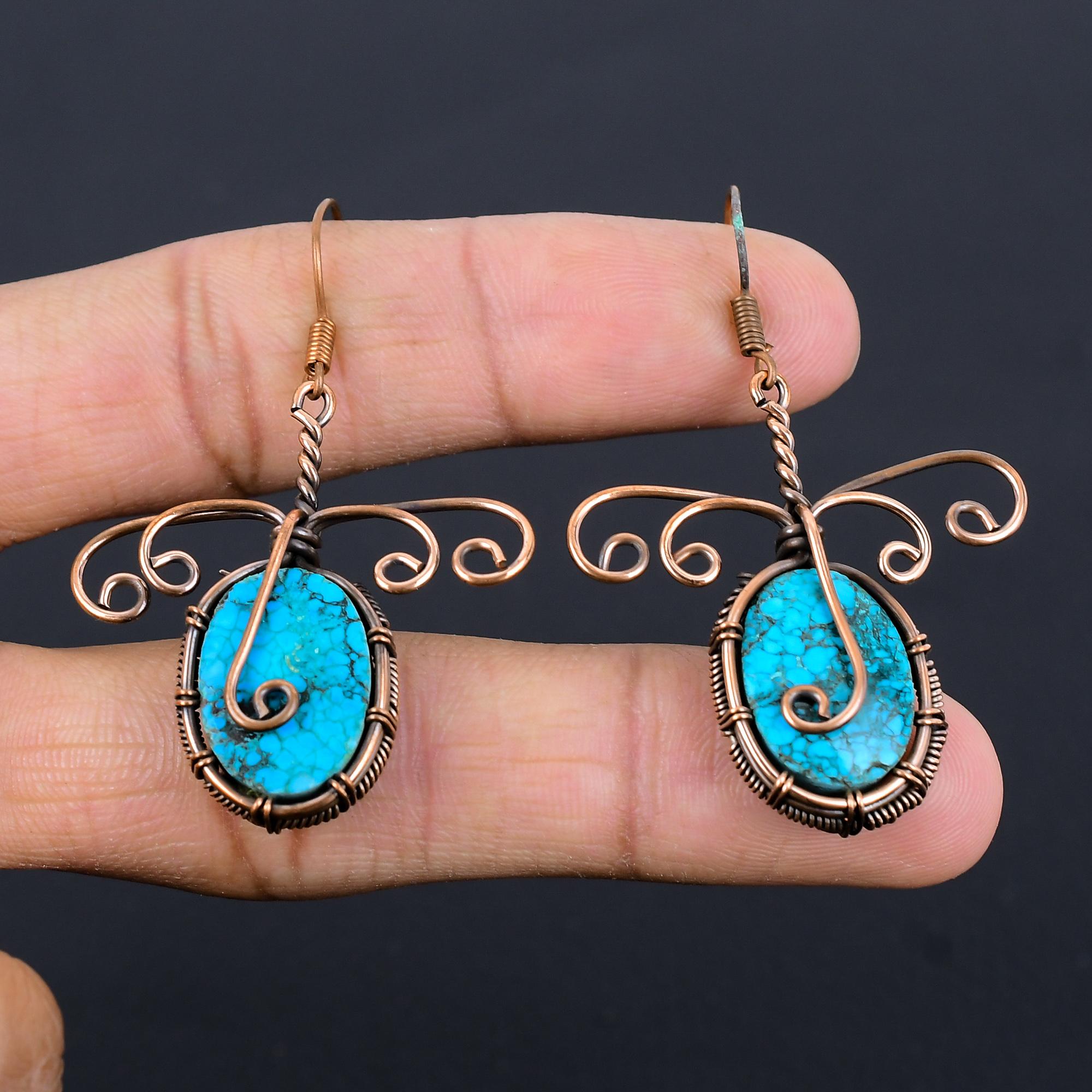 

Серьги с тибетской бирюзой, ювелирные изделия из драгоценных камней, серьги ручной работы, обернутые медной проволокой 999 пробы, ювелирные изделия новейшего дизайна 2.55 Inches