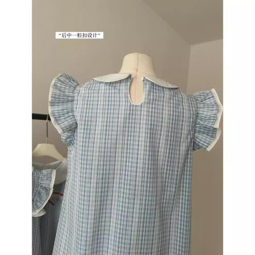 Summer flying sleeve blue grid dress for women, small summer new doll collar short skirt, super beautiful princess skirt