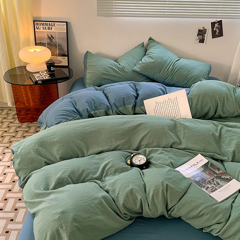 Four-piece Set for Sleeping Naked On Winter Bed, Washed Cotton Sheets, Quilt Cover, Fitted Sheet, Three-piece Set for College Dormitory