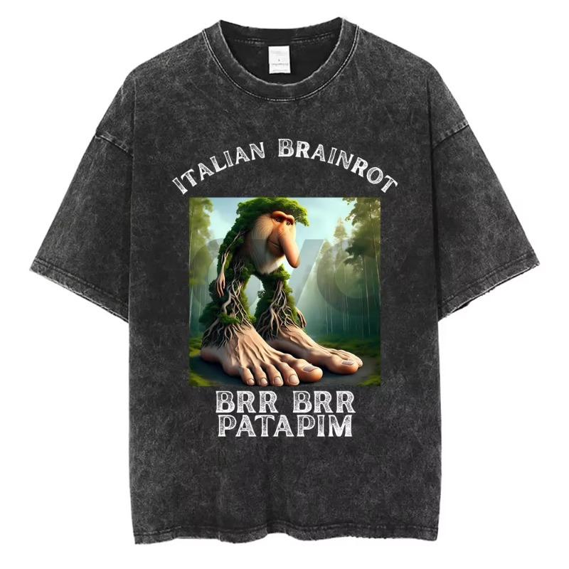 Bombardiro Crocodilo Crocodile Plane Bomber Funny Meme Washed Vintage T-shirt Men Women Casual Italian Brainrot Humor Style Tees