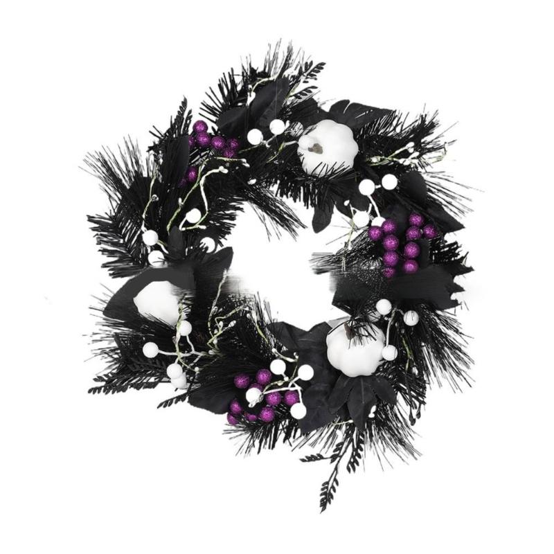 Halloween Door Wreath Gothic Garlands White Pumpkins Front Door Wreath for Indoor Outdoor Holiday Party Decoration