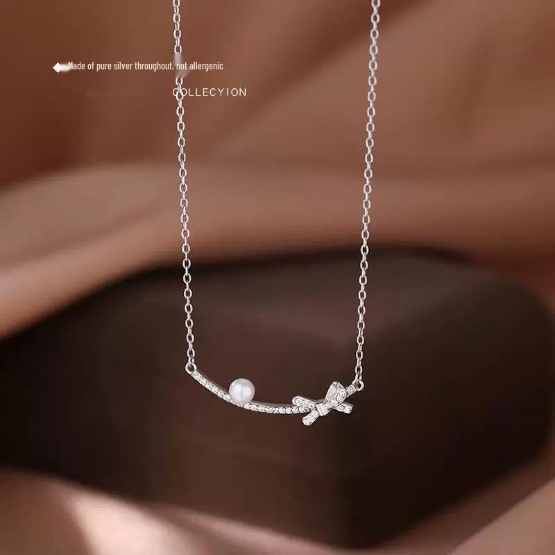Beixi S925 Sterling Silver Bow  Pearl Necklace for Women - High-End Niche Design 925 Silver