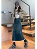 Spring & Autumn High-Waisted A-Line Denim Skirt for Petite Women - Mid-Length with Hip-Hugging Slit