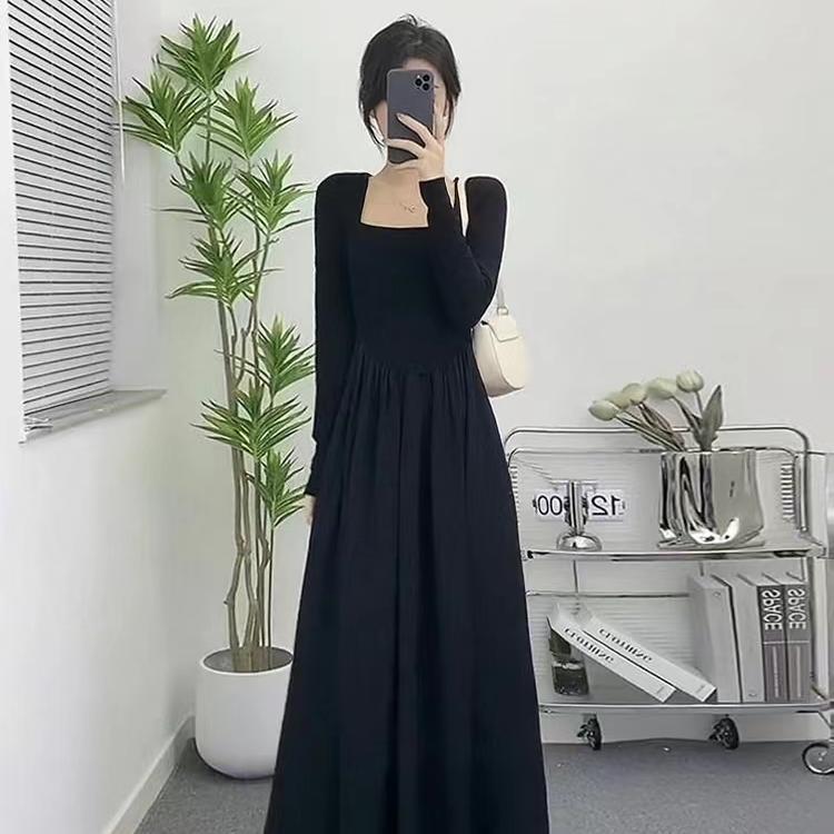 French Chic Long Sleeve Dress With Spliced Knitted Fabric For Autumn Fashion