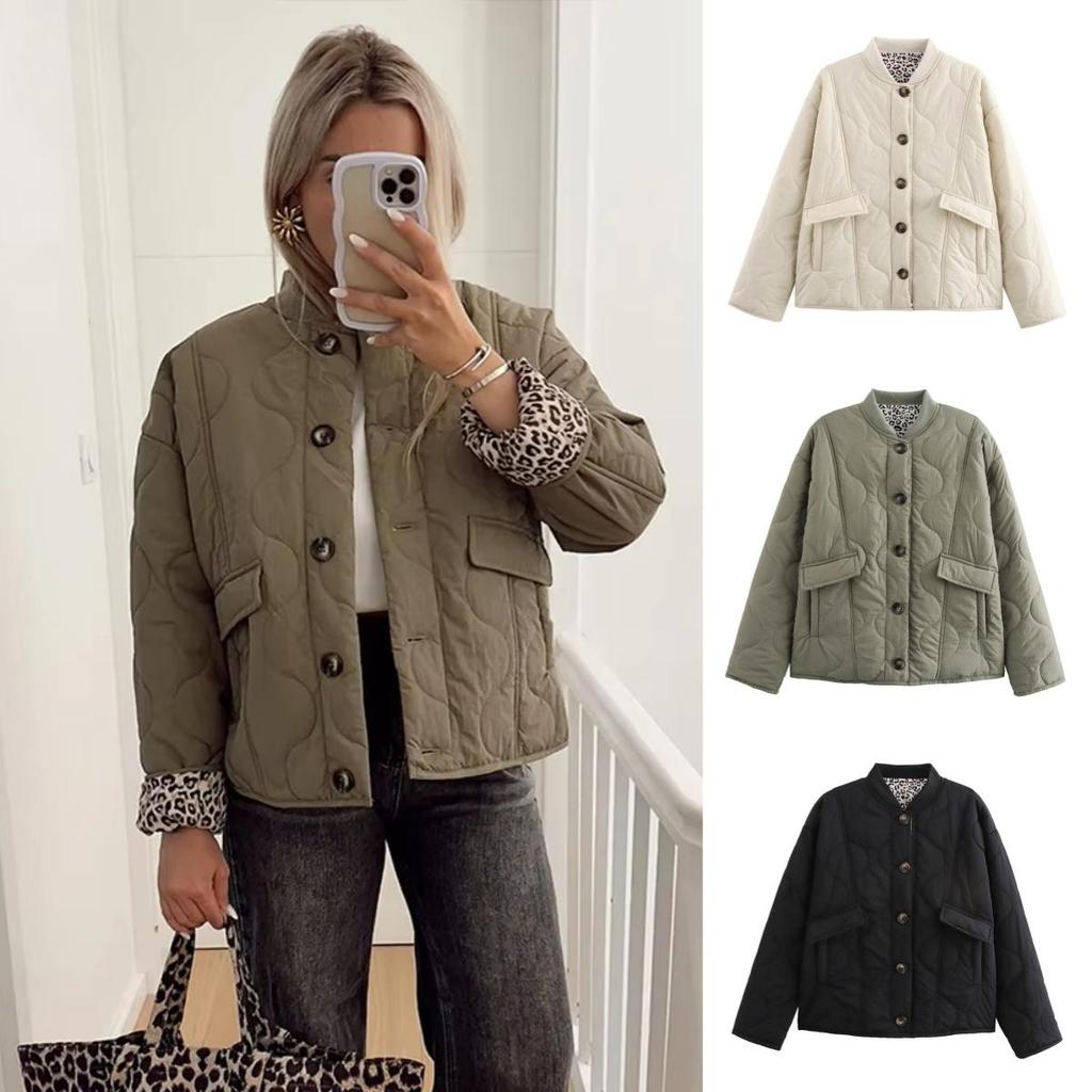 New Women's Autumn Winter Jacket Loose Leopard Print Quilted Cotton Long Sleeve Single Breasted Versatile Outerwear