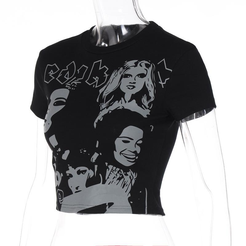 Kurzärmliges Slim Fit-Oberteil mit Y2K-Gesichtsdruckmuster und Rundhalsausschnitt