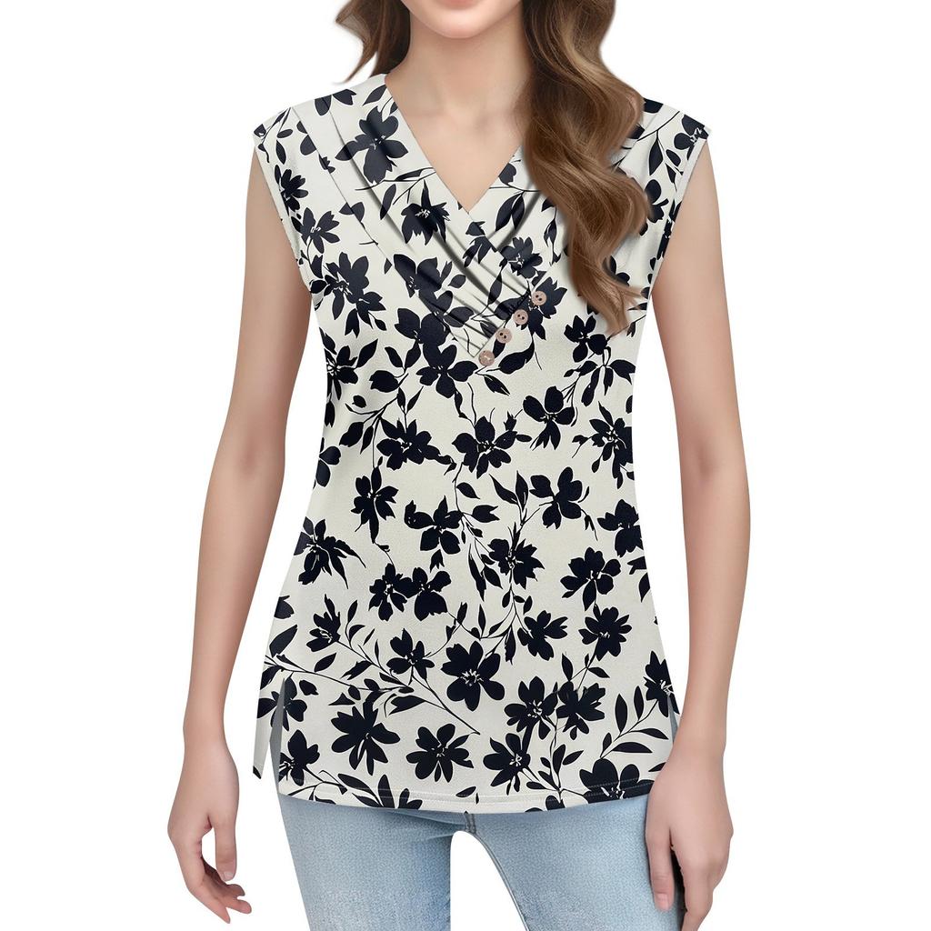 Women's Print Tank Top Button-down V-neck T-shirt Sleeveless Loose Fashion Top
