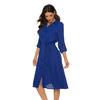 Fashion Women Belt Flared Sleeve Casual Dress Solid Color Shirt Collar V-neck Waist Tie Shirt Dress