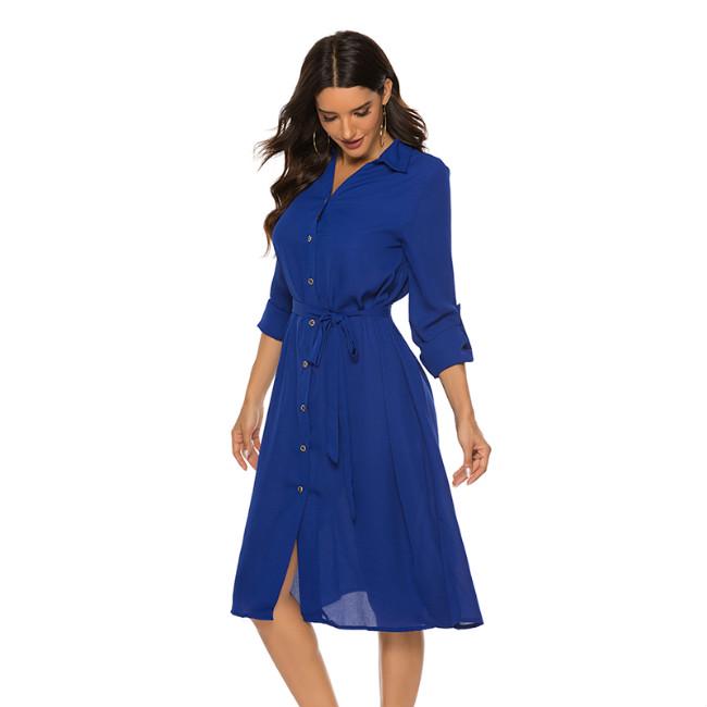 Fashion Women Belt Flared Sleeve Casual Dress Solid Color Shirt Collar V-neck Waist Tie Shirt Dress