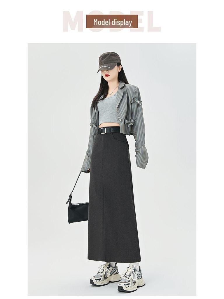 Women's High-Waist Woolen Midi Skirt - Slimming Bodycon with Slit for Autumn/Winter