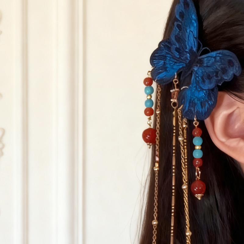 Exquisite Blue Butterfly Tassel Hair Clip | Ethnic Chinese Style