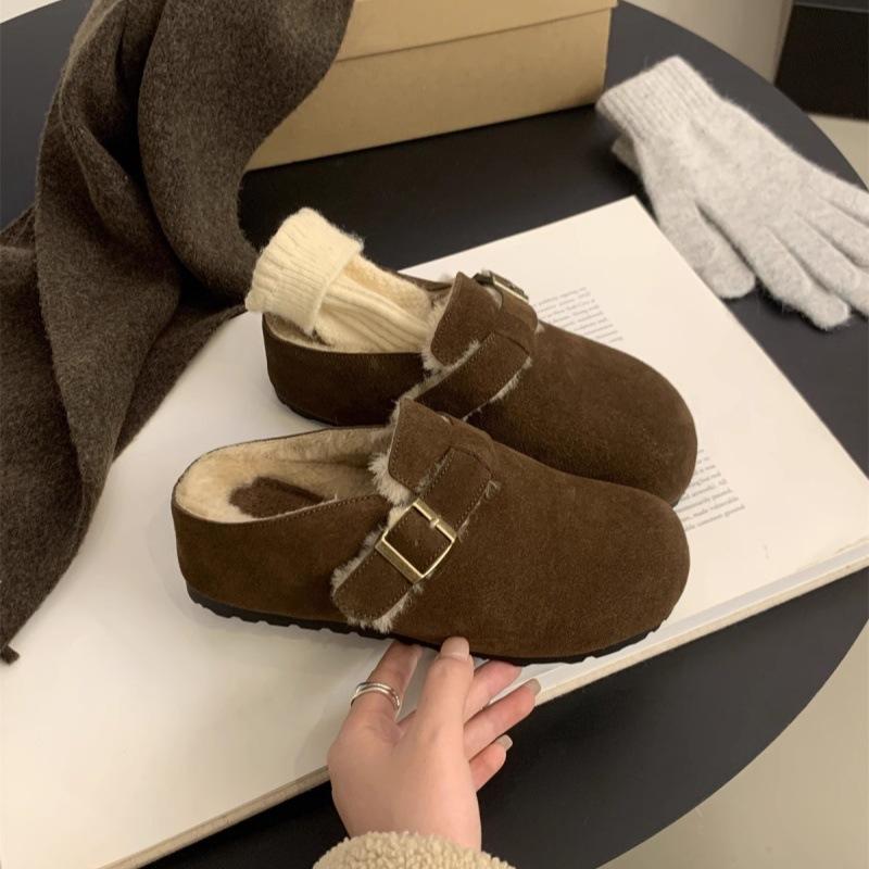 5CM inner height increase for small people~ Casual Boken shoes women's velvet warm cotton shoes autumn and winter new retro thick-soled half drag
