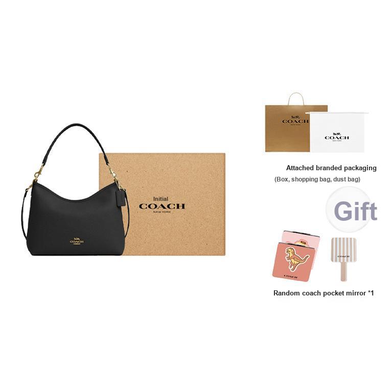 Coach Laurel 31 Logo Reißverschluss Kieselsteinleder Tragetasche Crossbody Umhängetasche Große Damen Taschen Gold Schwarz CR148-IMBLK
