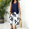 Damskie Zestawy 2-częściowe Plus Size Bez rękawów Dekolt V Top na ramiączkach i Spodnie Cropped w kwiaty Zestaw Letnie Stroje do wypoczynku