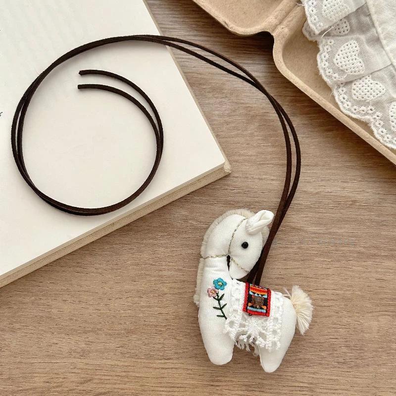 Cute Handmade Embroidery Pony Necklace Soft Fabric Horse Pendant Sweater Chain for Women Daily Outfit Jewelry Gift