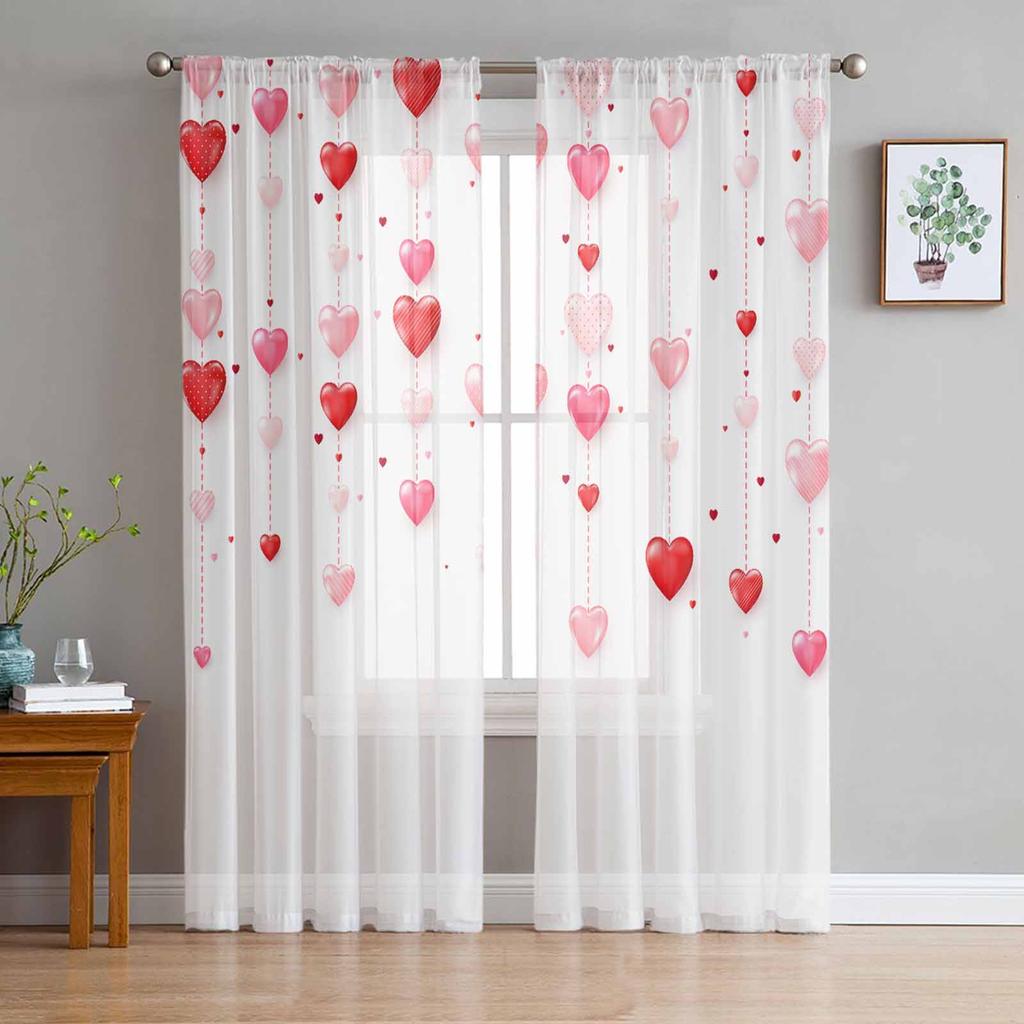 Valentinstag Rosa Rosen Herzen Wicht Transparente Vorhänge für Wohnzimmerdekoration Fenstervorhang Küche Tüll Voile Drapierungen