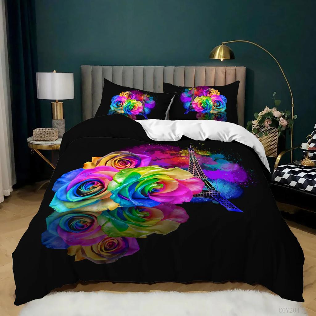 Rose Duvet Cover Set Full/Queen/King/Twin Size Soft Luxury 3D Rose Flower Microfiber Bedding Set Romantic Love Pink Quilt Cover