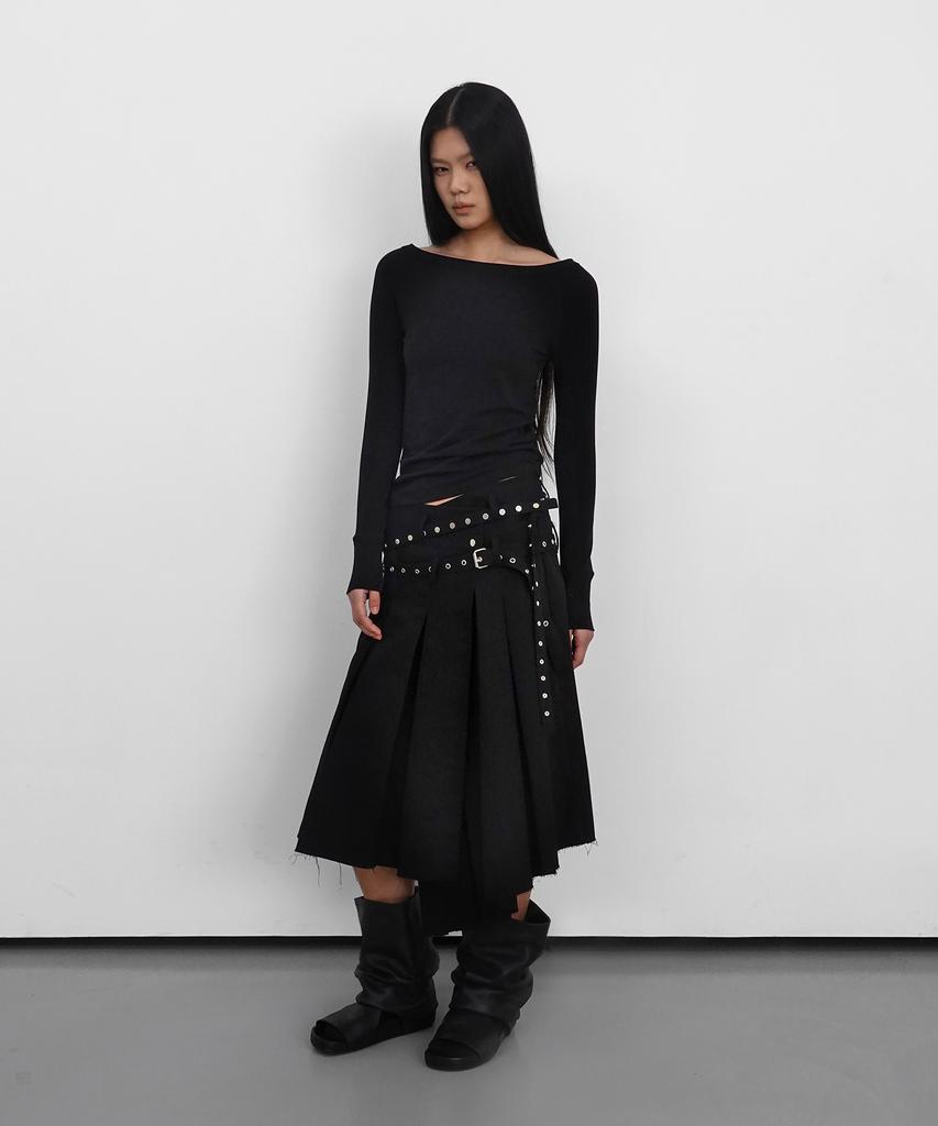 Saendeulig Eyelet Layered Midi Skirt_Black