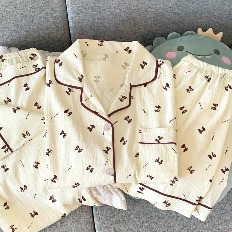 

Пижама простого стиля женская летняя с бантом, с коротким рукавом, домашняя одежда, набор из трех предметов, можно носить на улице M