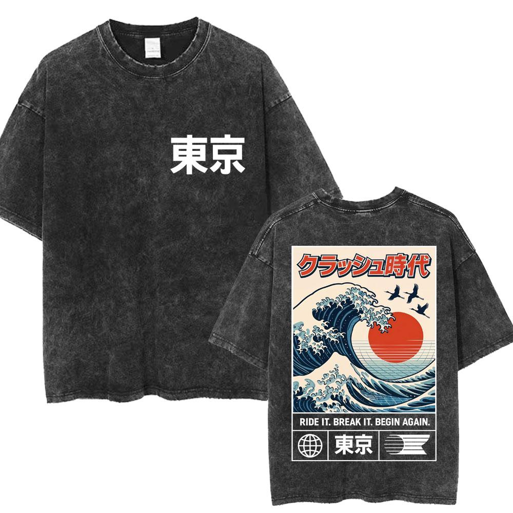 Japanese Tokyo Tokyo Culture Print Washed T Shirt Funny Fashion Vintage Men Women Tshirts Cotton Casual Loose Tees Streetwear