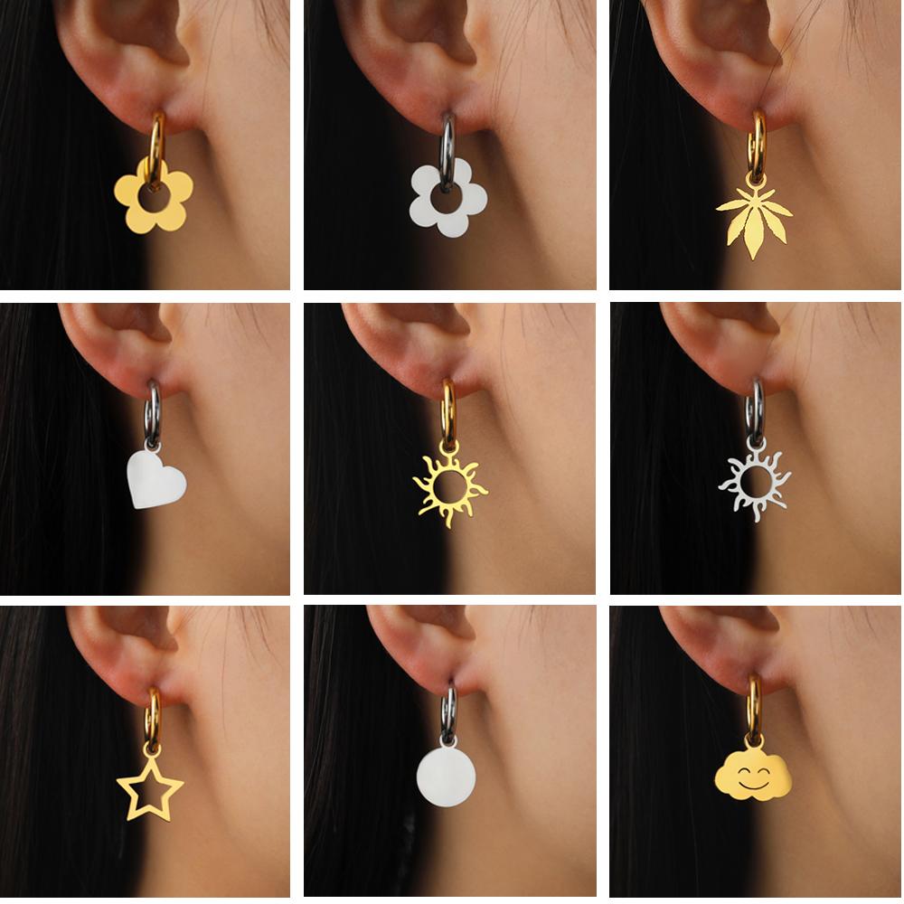 My Shape Lovely Flower Hoop Earrings for Women Gifts Stainless Steel Heart Sun Maple Leaves Earrings Fashion Jewelry Wholesale