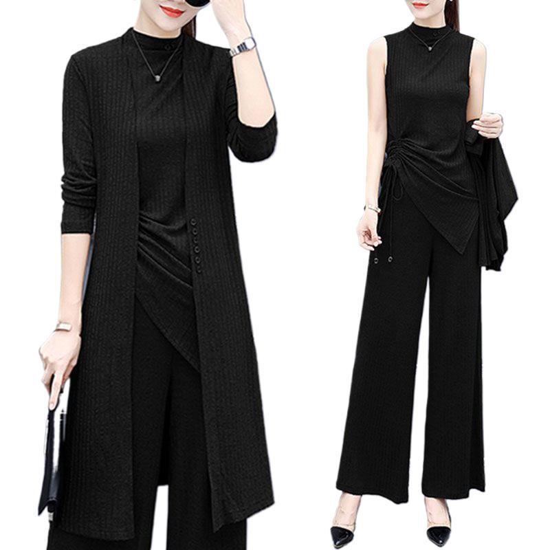 Plus Size Women's Slimming Wide-Leg Pants Suit Set - Spring/Autumn 2026 Style, Semi-High Neck, Casual Three-Piece.