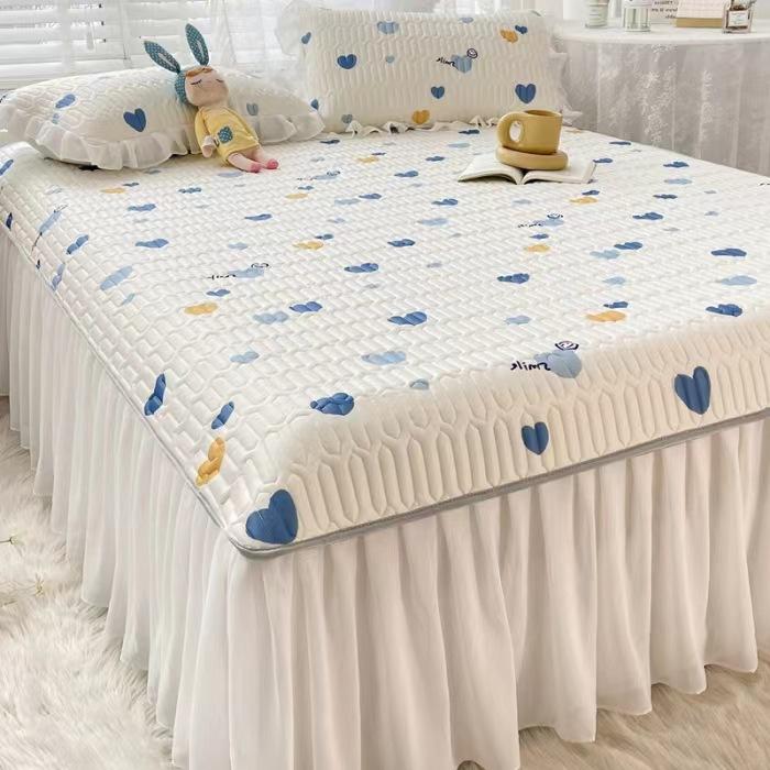 3-teiliges Sommer-Bettrock-Set für Mädchen aus Spitze, Latex, Kühler, weiche Matratzenunterlage, waschbar, Eisseide, Spannbettlaken-Set mit Kissenbezug