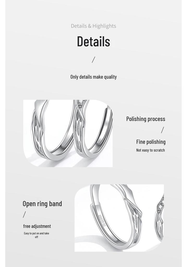 Sterling Silver Couple Rings: Twisted Pattern, Diamond Inlay, Open Design – Perfect for Anniversaries.