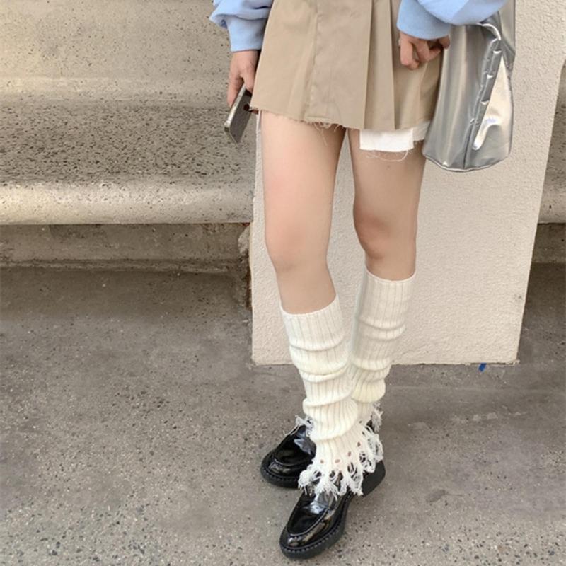Damen Lolita Strick-Langsocken Beinstulpen Y2K Stiefelsocken Winter Knöchel-Fersen-Socken Harajuku Zerstörte Beinwärmer Socken
