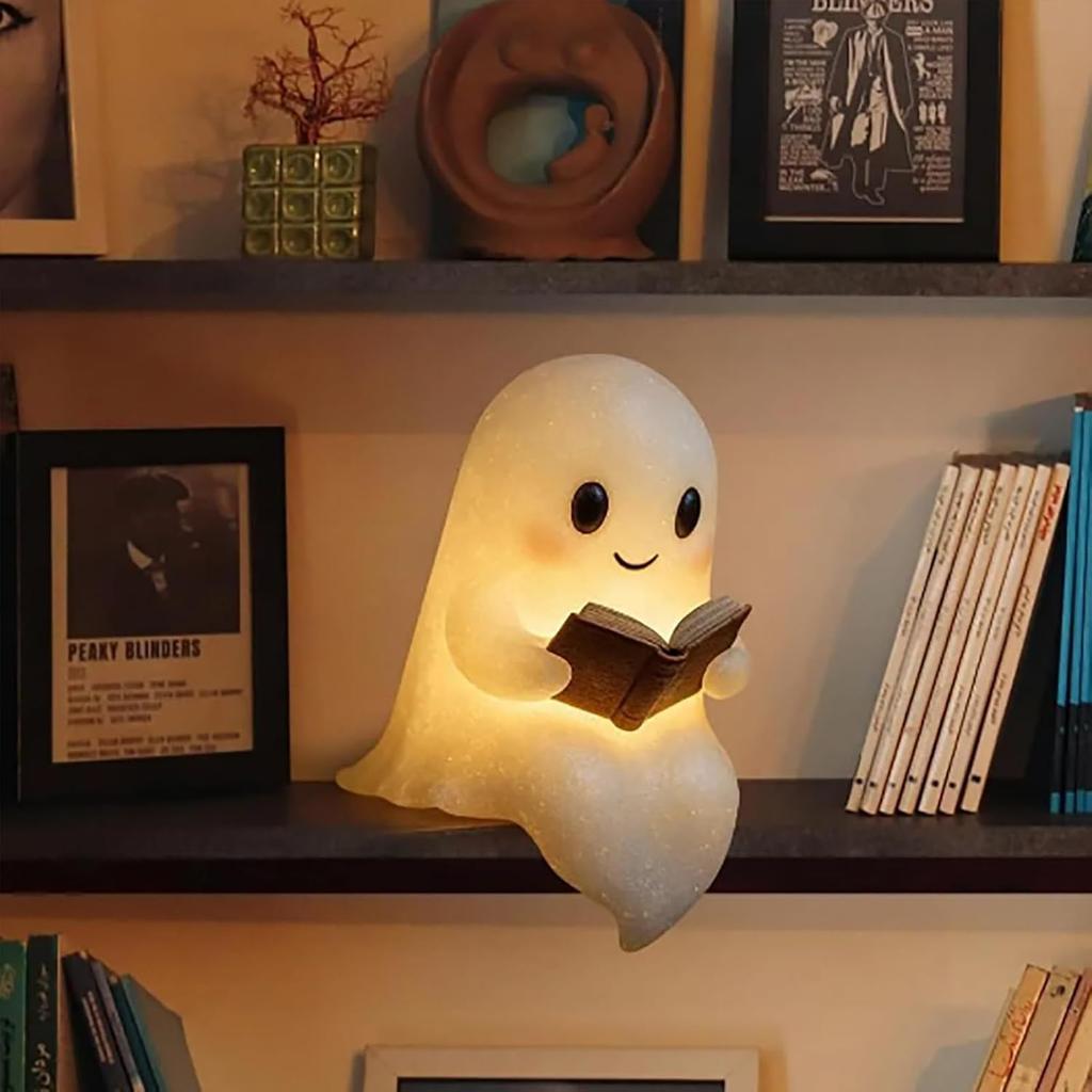 Cute Ghost Reading Book Lamp, LED Halloween Glow Spirit Night Light for Bedroom Study Room, Readers