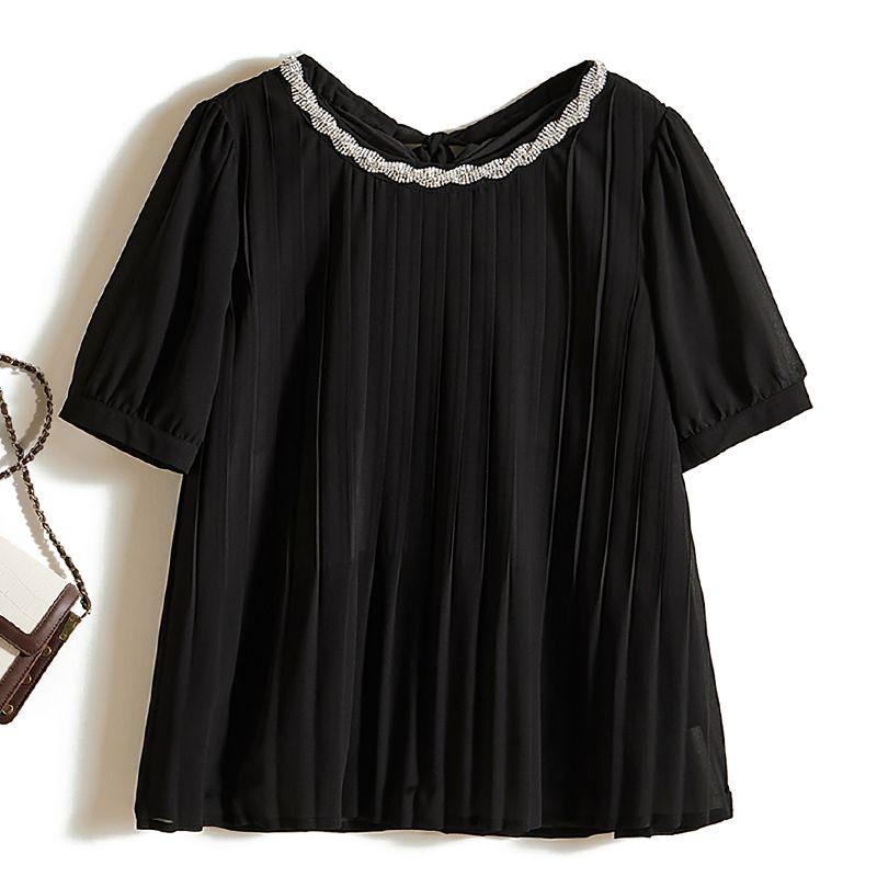 

Top Goods in the Top Goods! Handmade Rhinestone round Neck Short sleeve Sanzhai Pressed Small A Word T-shirt Women Summer Big Inclusive Top Black L