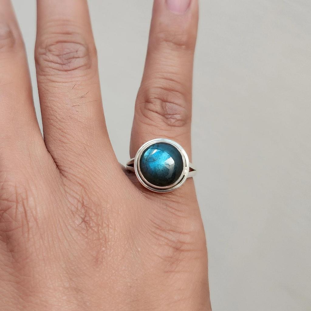 Piedra Preciosa Labradorita Fuego Azul Natural Anillo de Plata de Ley 925 Joyería, Regalo Hecho a Mano Anillo de Labradorita
