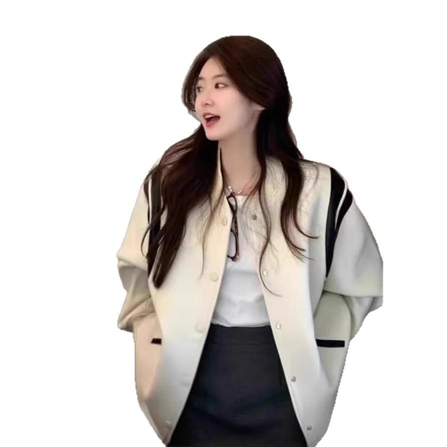 Women's Short White Fleece-Lined Baseball Jacket - High-End Korean Style, New Autumn/Winter 2025 Arrival