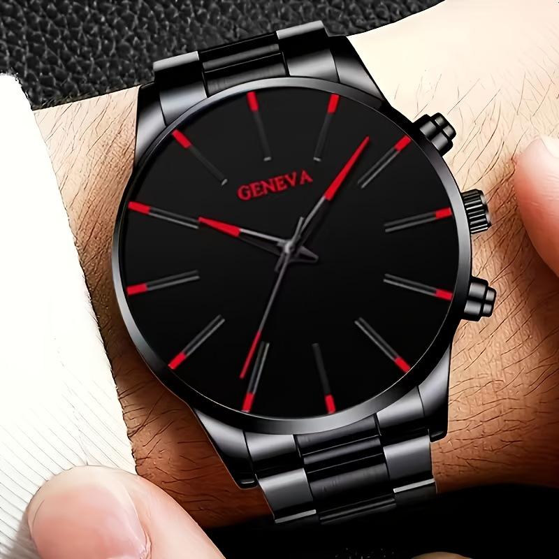 4-Piece Cuban Chain Business Fashion Men'S Steel Belt Simple Scale Quartz Watch Bullet Necklace Set